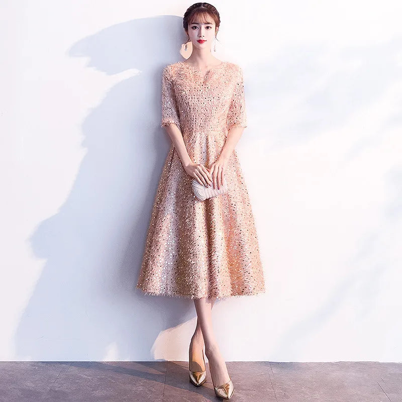 weiyin Robe De Soriee Elegant Gold Evening Dress Lace Half Sleeves A-line Evening Dresses Banquet Party Formal Prom Dress WY1156 - Seprincess