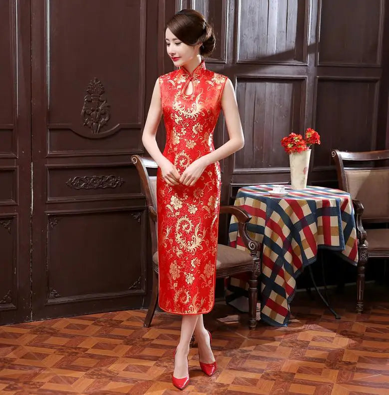 Elegant Red Wedding Dress Traditional Chinese Women Satin Sleeveless Cheongsam Vintage Long Dresses Sexy Slim Qipao Vestidos - Seprincess