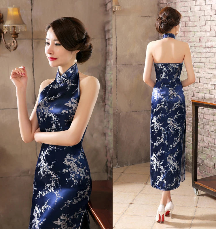 Navy Blue Vintage Lady Satin Evening Dress Chinese Novelty Backless Cheongsam Qipao Flower Size S M L XL XXL XXXL - Seprincess