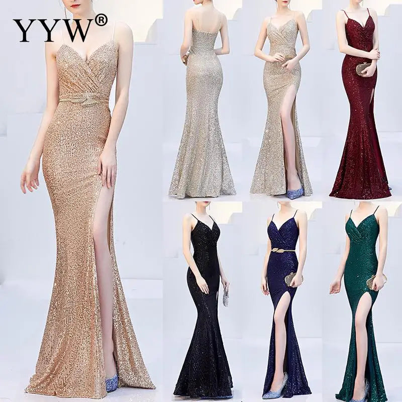 Sexy Sequined Evening Dress Robe De Soiree 2021 V-Neck Sleeveless Backless Mermaid Long Robe Side Slit Off Shoulder Party Dress - Seprincess