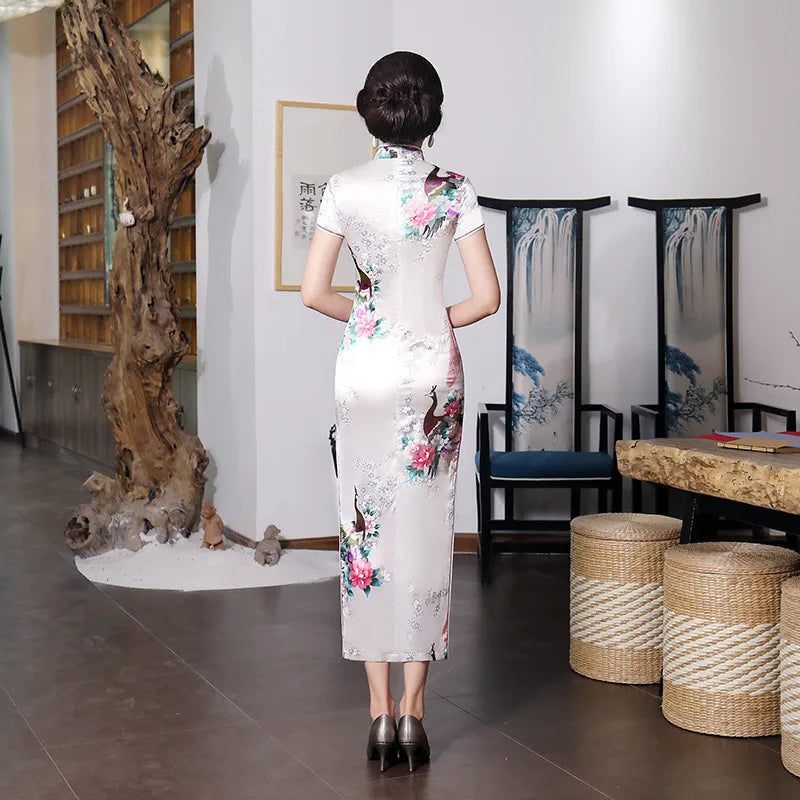 Spring Autumn New Cheongsam Chinese Women Flower&Peacock Qipao Long Sleeve Vestidos Vintage Female Evening Wedding Dress S-3XL