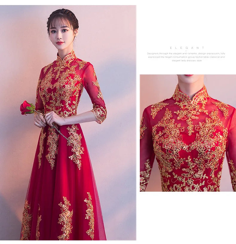 Novelty Chinese Female Long Qipao Marriage Clothes RED Oriental Bride Wedding Dress Elegant Slim Mandarin Collar Cheongsam - Seprincess