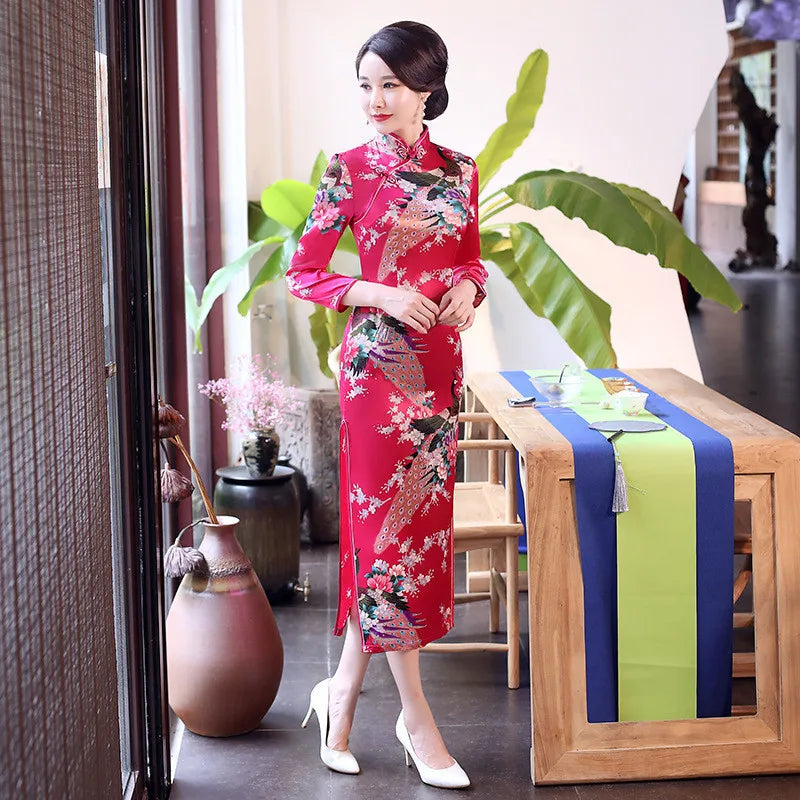 Spring Autumn New Cheongsam Chinese Women Flower&Peacock Qipao Long Sleeve Vestidos Vintage Female Evening Wedding Dress S-3XL - Seprincess