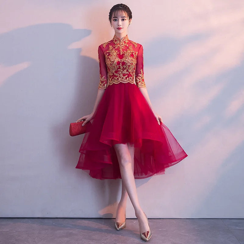 Novelty Chinese Female Long Qipao Marriage Clothes RED Oriental Bride Wedding Dress Elegant Slim Mandarin Collar Cheongsam - Seprincess