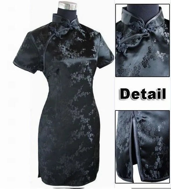 Black Traditional Chinese Dress Mujer Vestido Women's Satin Qipao Mini Cheongsam Flower Size S M L XL XXL XXXL 4XL 5XL 6XL J4039 - Seprincess