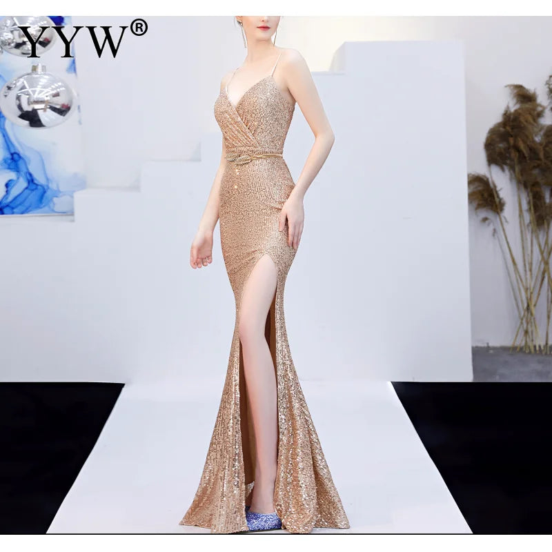 Sexy Sequined Evening Dress Robe De Soiree 2021 V-Neck Sleeveless Backless Mermaid Long Robe Side Slit Off Shoulder Party Dress