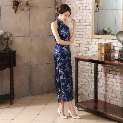 Navy Blue Vintage Lady Satin Evening Dress Chinese Novelty Backless Cheongsam Qipao Flower Size S M L XL XXL XXXL - Seprincess