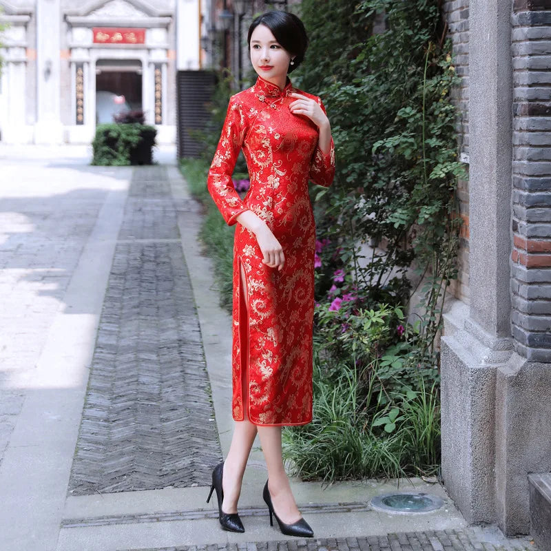 Elegant Red Wedding Dress Traditional Chinese Women Satin Sleeveless Cheongsam Vintage Long Dresses Sexy Slim Qipao Vestidos - Seprincess