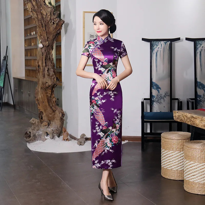 Spring Autumn New Cheongsam Chinese Women Flower&Peacock Qipao Long Sleeve Vestidos Vintage Female Evening Wedding Dress S-3XL