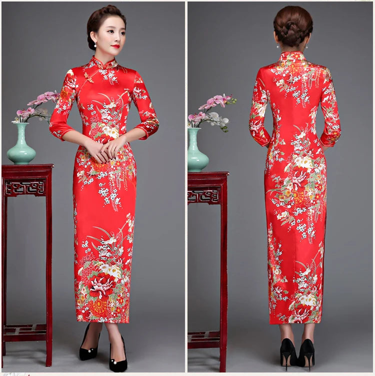 Old Shanghai Elegant Women Satin Qipao Slim 3/4 Sleeve Long Dress New Traditional Chinese Mandarin Collar Cheongsam Vestidos - Seprincess