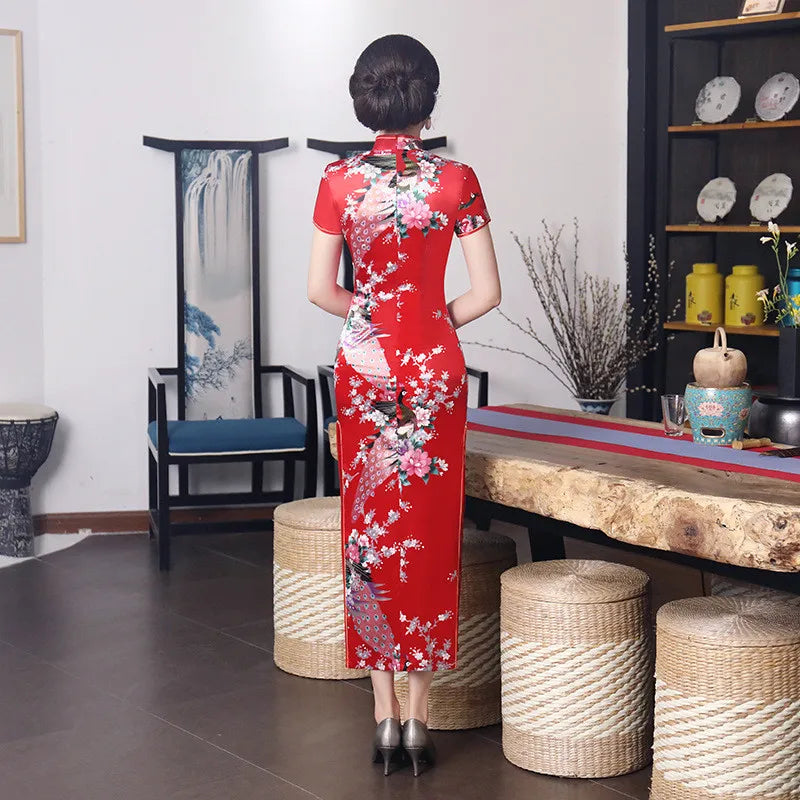 Spring Autumn New Cheongsam Chinese Women Flower&Peacock Qipao Long Sleeve Vestidos Vintage Female Evening Wedding Dress S-3XL