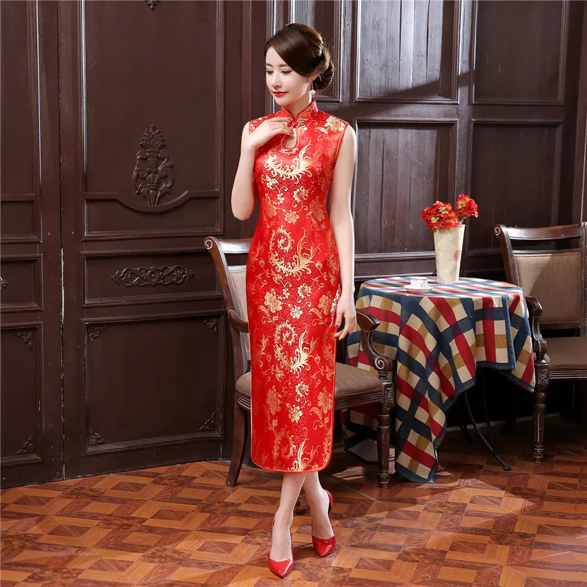 Elegant Red Wedding Dress Traditional Chinese Women Satin Sleeveless Cheongsam Vintage Long Dresses Sexy Slim Qipao Vestidos - Seprincess