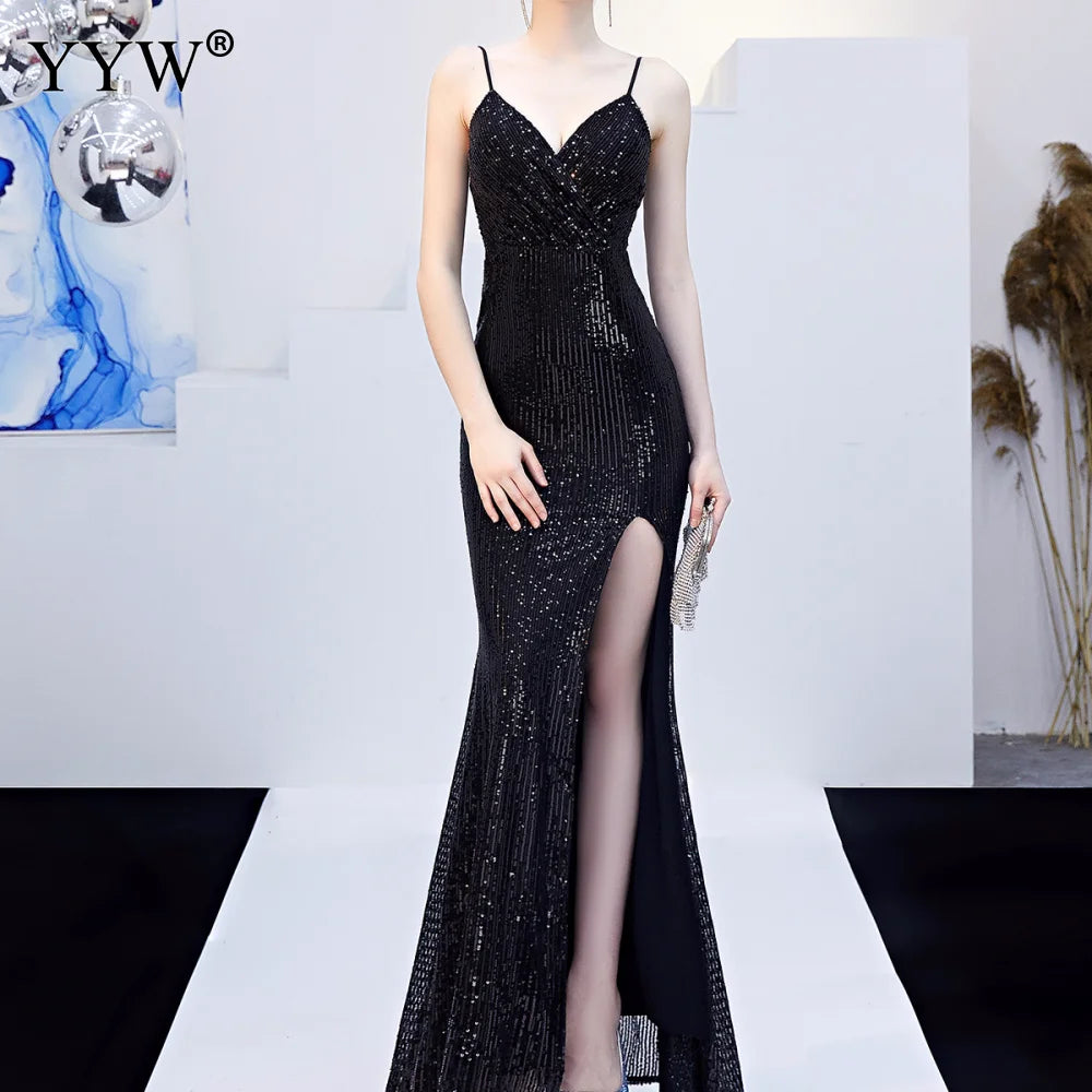 Sexy Sequined Evening Dress Robe De Soiree 2021 V-Neck Sleeveless Backless Mermaid Long Robe Side Slit Off Shoulder Party Dress - Seprincess