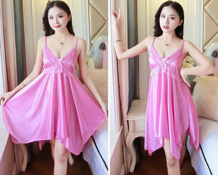 2022 Summer Sexy Lingerie Nightgowns for Women Silk Satin Lace Spaghetti Strap Night Dress Sleepwear Nightdress Nightwear Nighty - Seprincess