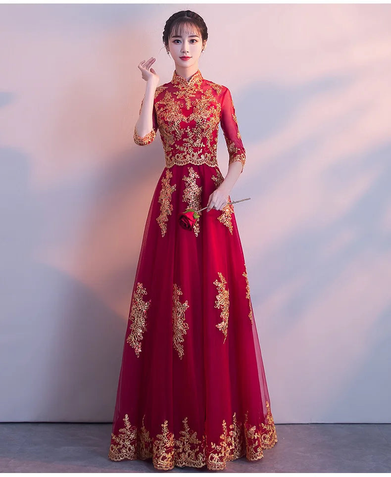 Novelty Chinese Female Long Qipao Marriage Clothes RED Oriental Bride Wedding Dress Elegant Slim Mandarin Collar Cheongsam - Seprincess