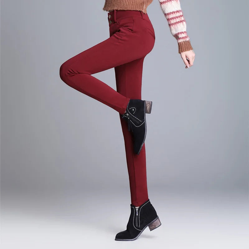 Winter Velvet Thick Warm Pants For Women Skinny Stretch Fleece Pencil Pants High Waist Solid Black Blue Trousers Female