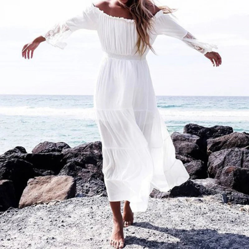 TEELYNN boho dress white sexy off the shoulder beach sundress Flare long sleeve splice lace women dresses summer vestidos - Seprincess