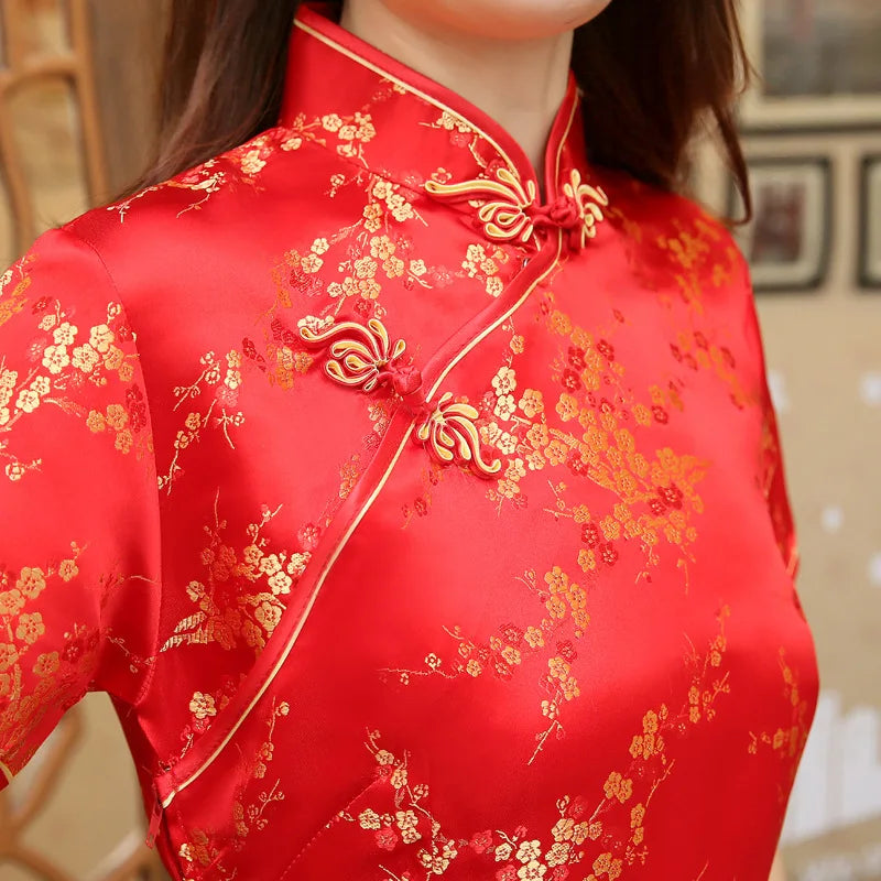 Red Chinese Women Dress Vintage Satin Qipao Sexy Long Slim Cheongsam Hot Sale Flower Dress Size S M XL XXL 3X4XL 5XL 6XL JA13 - Seprincess