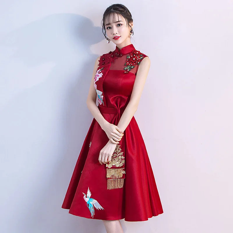 Buegundy Embroidery Oriental Style Banquet Dresses Chinese Vintage Traditional Wedding Cheongsam Elegant Evening Party Gowns - Seprincess