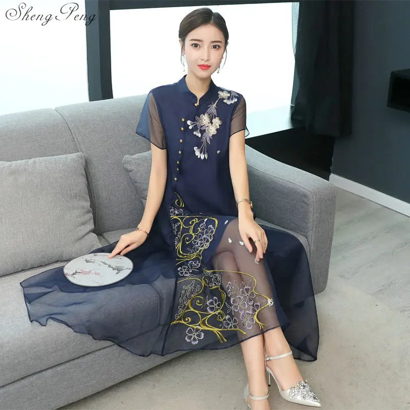 New Qipao Long Cheongsams Dress Chinese Traditional Dress Summer Flowers Vintage Dress Oriental Robes V922 - Seprincess