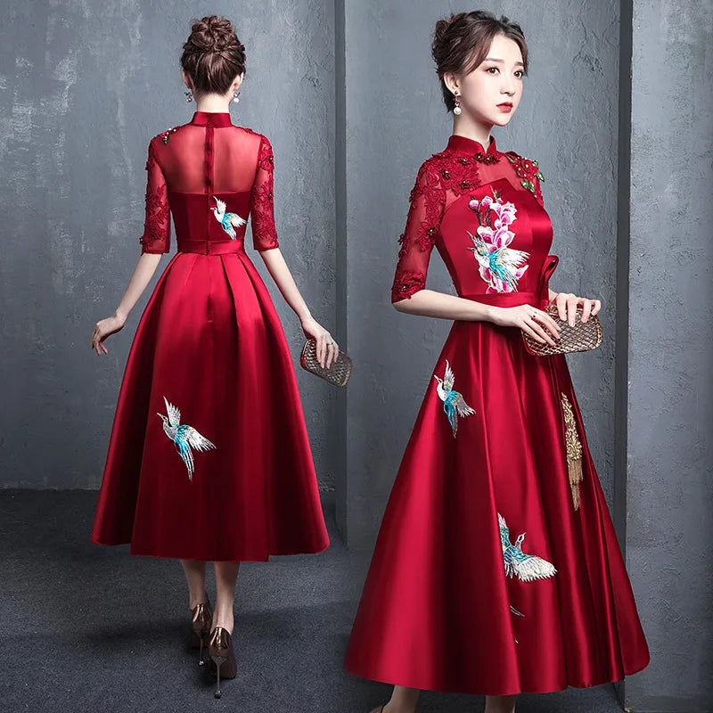 Buegundy Embroidery Oriental Style Banquet Dresses Chinese Vintage Traditional Wedding Cheongsam Elegant Evening Party Gowns - Seprincess