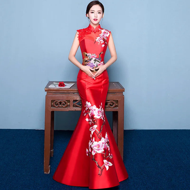 Mermaid Tail Asian style Short Sleeve Fashion Red Embroidery Bride Wedding Qipao Long Cheongsam Chinese Traditional Dress Retro - Seprincess