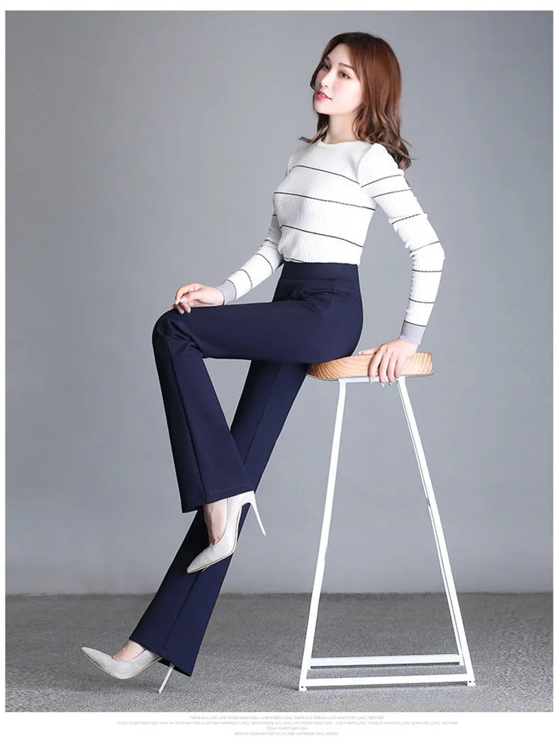 New Women's Autumn Spring Tight Flare Pants Red High Waist  Blue Elastic Band Trousers Fashion Casual Stretch Pants 6XL