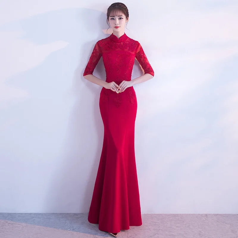 Red Traditional Chinese Wedding Gown Cheongsam Long Qipao Bride Traditions Classic Women Dress Oriental Dresses Size S-3XL - Seprincess