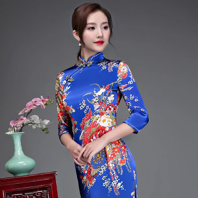 Old Shanghai Elegant Women Satin Qipao Slim 3/4 Sleeve Long Dress New Traditional Chinese Mandarin Collar Cheongsam Vestidos - Seprincess