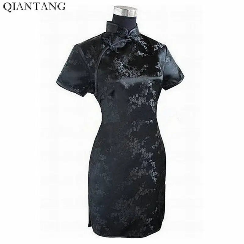 Black Traditional Chinese Dress Mujer Vestido Women's Satin Qipao Mini Cheongsam Flower Size S M L XL XXL XXXL 4XL 5XL 6XL J4039 - Seprincess