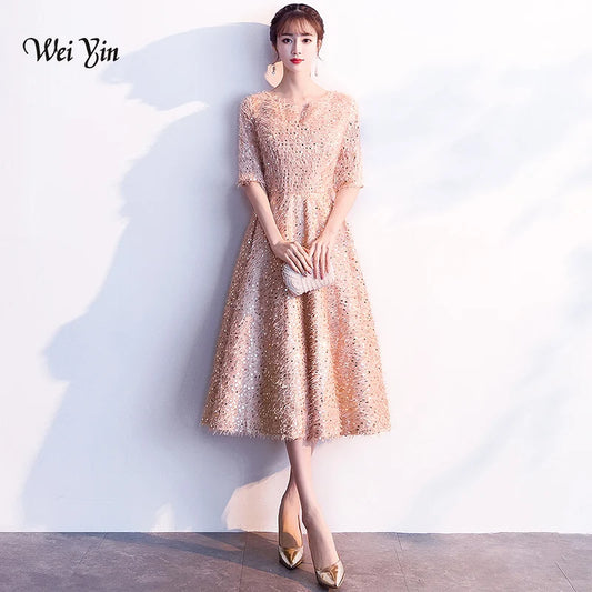 weiyin Robe De Soriee Elegant Gold Evening Dress Lace Half Sleeves A-line Evening Dresses Banquet Party Formal Prom Dress WY1156 - Seprincess