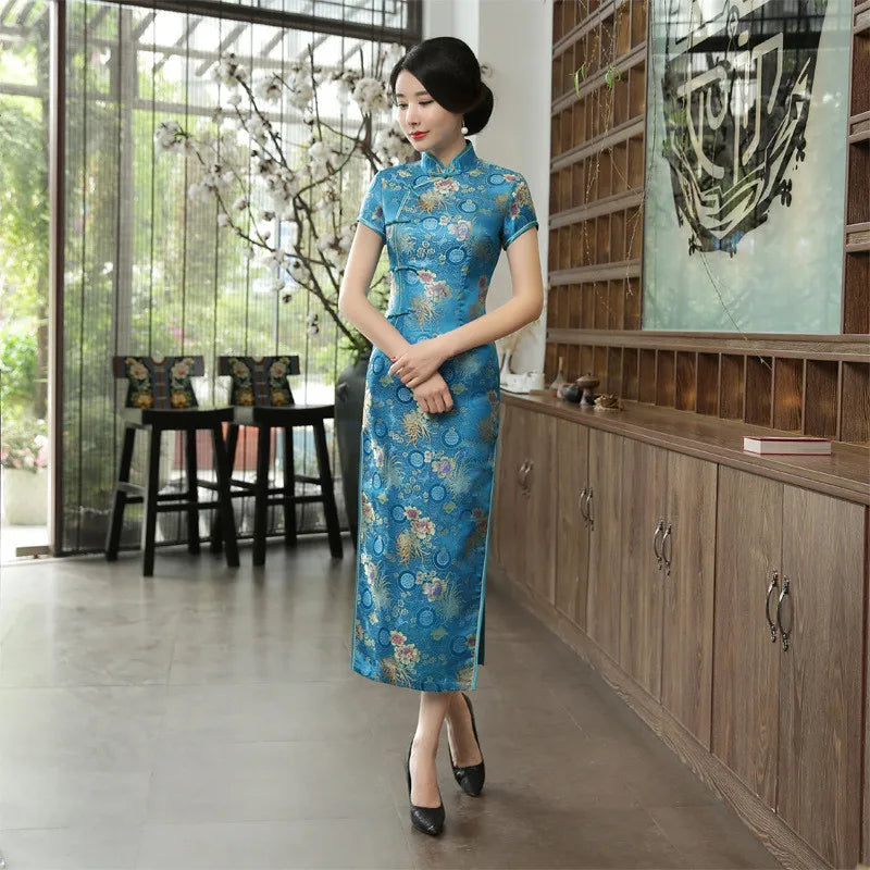 2021 New High Fashion Green Rayon Cheongsam Chinese Classic Women's Qipao Elegant Short Sleeve Novelty Long Dress S-3XL C0136-D - Seprincess