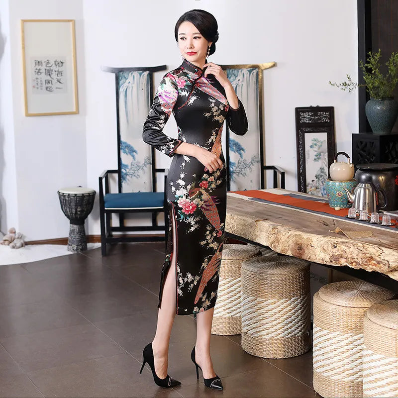 Spring Autumn New Cheongsam Chinese Women Flower&Peacock Qipao Long Sleeve Vestidos Vintage Female Evening Wedding Dress S-3XL - Seprincess