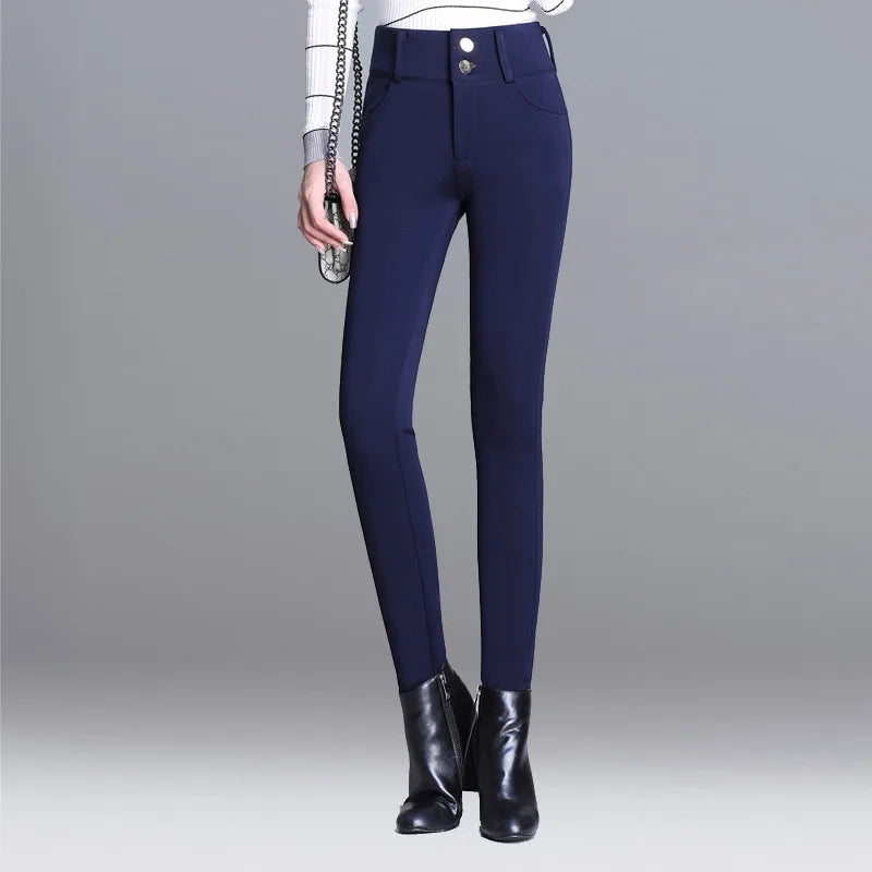 Winter Velvet Thick Warm Pants For Women Skinny Stretch Fleece Pencil Pants High Waist Solid Black Blue Trousers Female