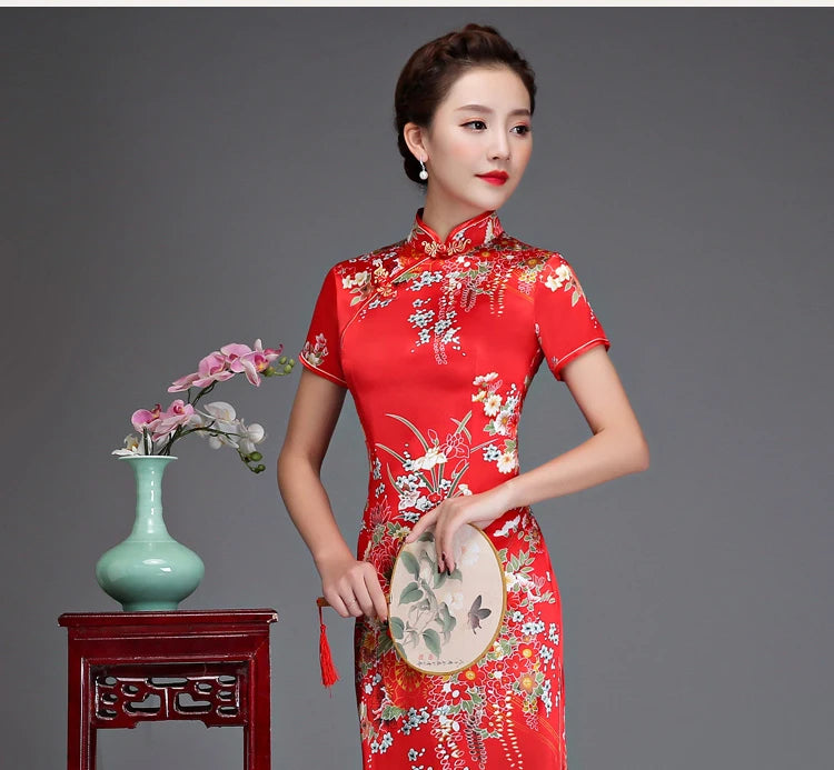 Old Shanghai Elegant Women Satin Qipao Slim 3/4 Sleeve Long Dress New Traditional Chinese Mandarin Collar Cheongsam Vestidos - Seprincess