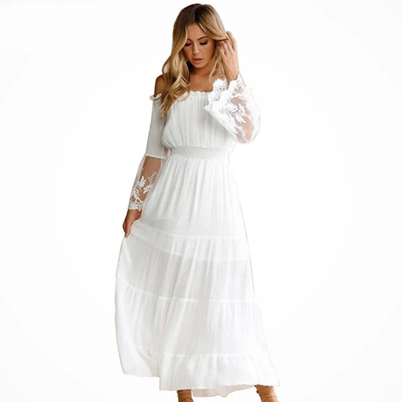 TEELYNN boho dress white sexy off the shoulder beach sundress Flare long sleeve splice lace women dresses summer vestidos - Seprincess