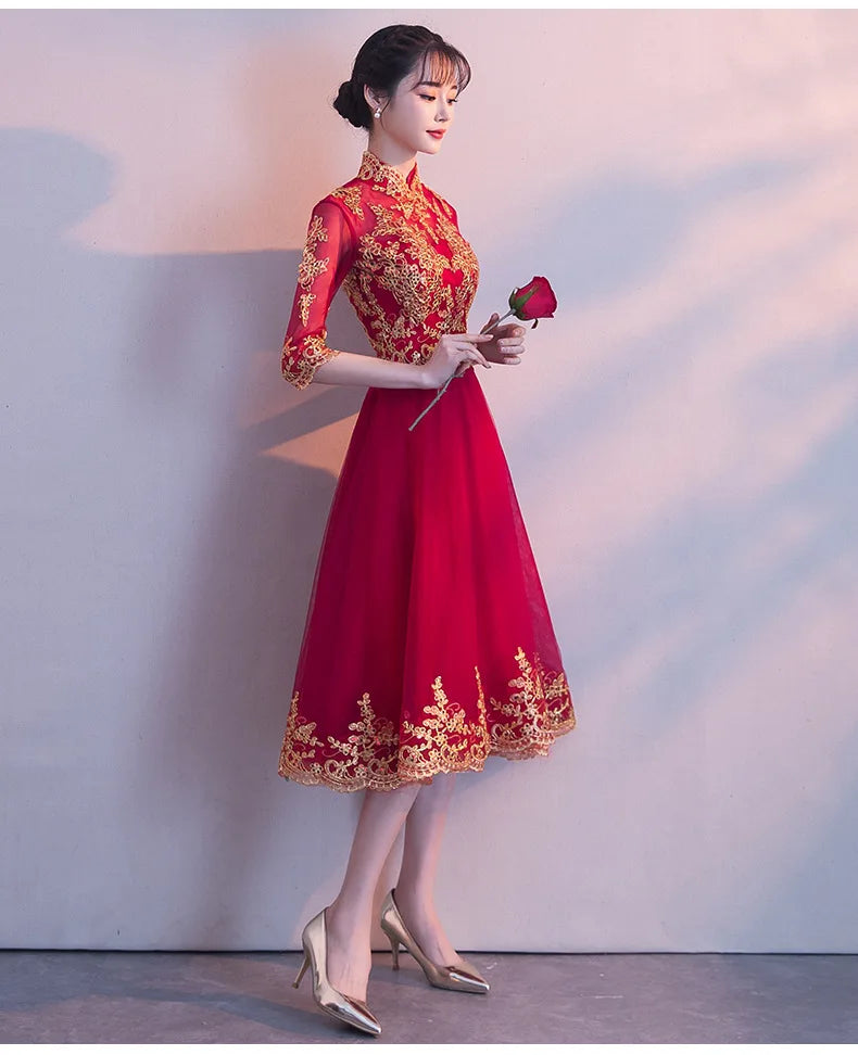 Novelty Chinese Female Long Qipao Marriage Clothes RED Oriental Bride Wedding Dress Elegant Slim Mandarin Collar Cheongsam - Seprincess