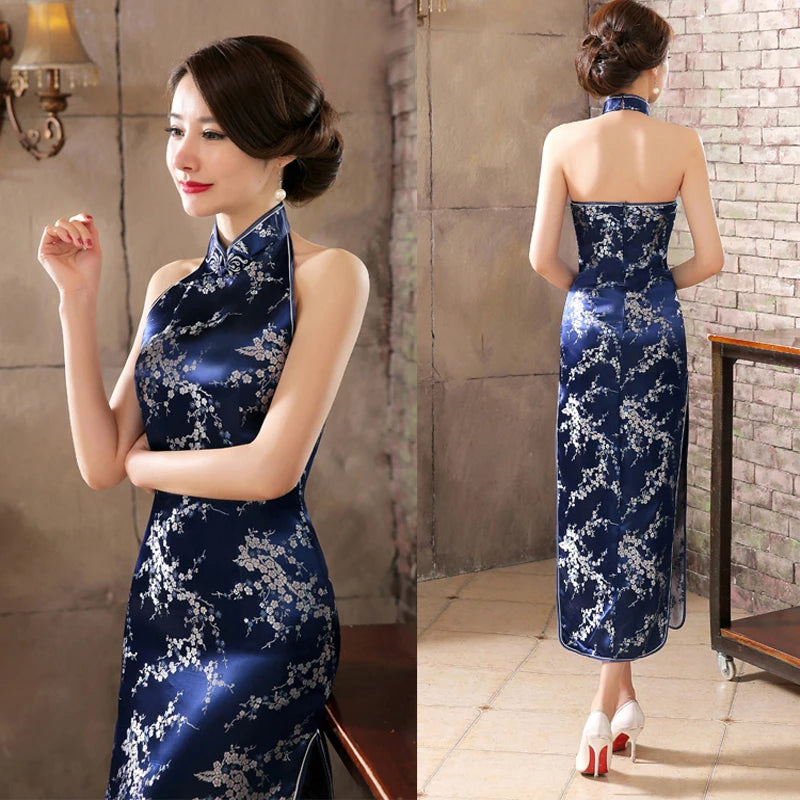 Navy Blue Vintage Lady Satin Evening Dress Chinese Novelty Backless Cheongsam Qipao Flower Size S M L XL XXL XXXL - Seprincess