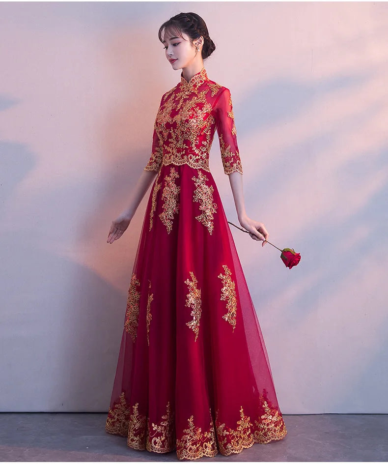 Novelty Chinese Female Long Qipao Marriage Clothes RED Oriental Bride Wedding Dress Elegant Slim Mandarin Collar Cheongsam - Seprincess