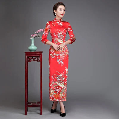 Old Shanghai Elegant Women Satin Qipao Slim 3/4 Sleeve Long Dress New Traditional Chinese Mandarin Collar Cheongsam Vestidos - Seprincess