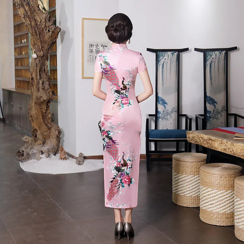 Spring Autumn New Cheongsam Chinese Women Flower&Peacock Qipao Long Sleeve Vestidos Vintage Female Evening Wedding Dress S-3XL