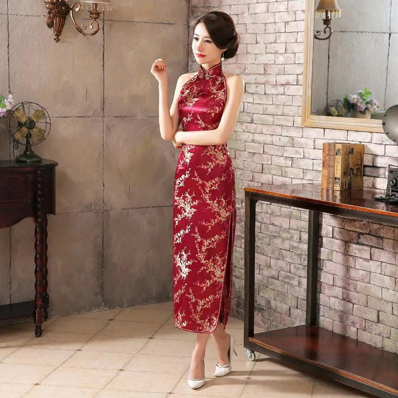 Navy Blue Vintage Lady Satin Evening Dress Chinese Novelty Backless Cheongsam Qipao Flower Size S M L XL XXL XXXL - Seprincess