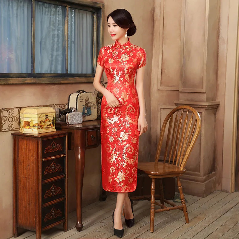 Elegant Red Wedding Dress Traditional Chinese Women Satin Sleeveless Cheongsam Vintage Long Dresses Sexy Slim Qipao Vestidos - Seprincess