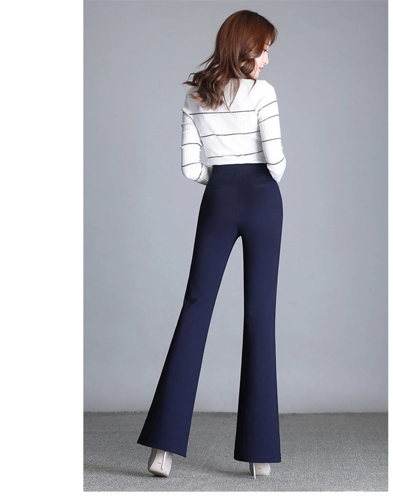 New Women's Autumn Spring Tight Flare Pants Red High Waist  Blue Elastic Band Trousers Fashion Casual Stretch Pants 6XL