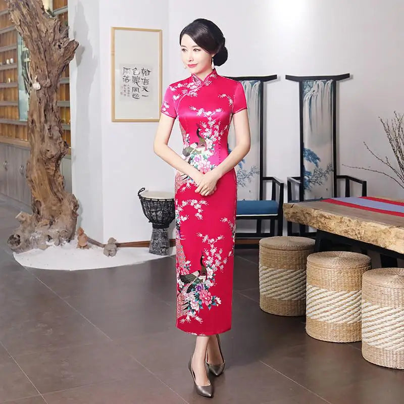 Spring Autumn New Cheongsam Chinese Women Flower&Peacock Qipao Long Sleeve Vestidos Vintage Female Evening Wedding Dress S-3XL