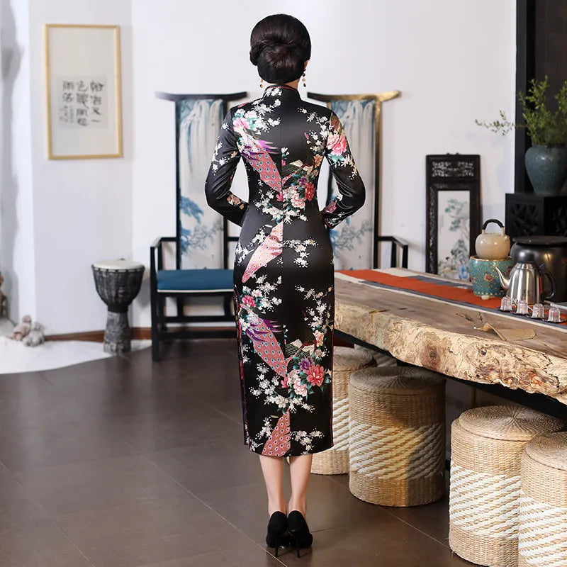 Spring Autumn New Cheongsam Chinese Women Flower&Peacock Qipao Long Sleeve Vestidos Vintage Female Evening Wedding Dress S-3XL - Seprincess