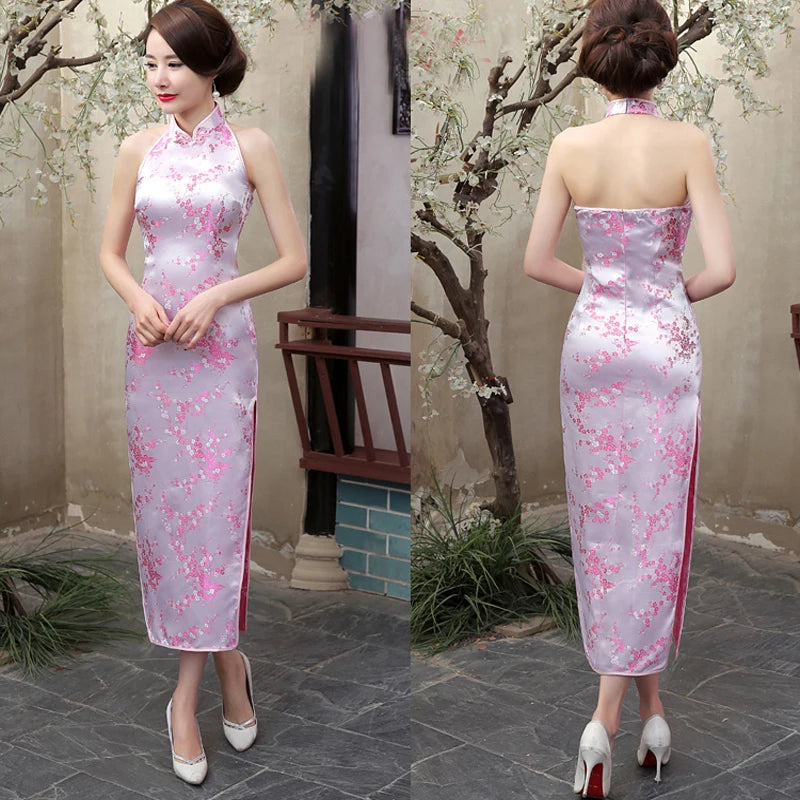 Navy Blue Vintage Lady Satin Evening Dress Chinese Novelty Backless Cheongsam Qipao Flower Size S M L XL XXL XXXL - Seprincess