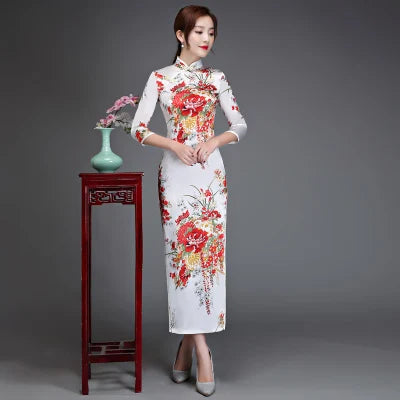 Old Shanghai Elegant Women Satin Qipao Slim 3/4 Sleeve Long Dress New Traditional Chinese Mandarin Collar Cheongsam Vestidos - Seprincess