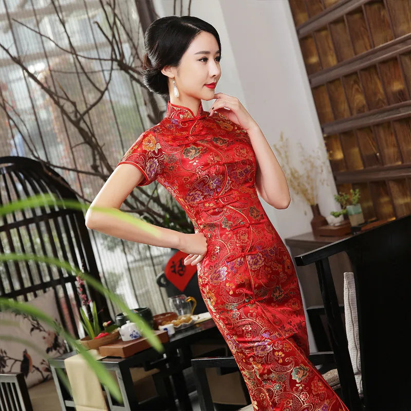 High Quality Gold Sexy Satin Mandarin Collar National Tight Cheongsam Short Sleeve Novelty Print  Long Dress S-3XL C0002 - Seprincess