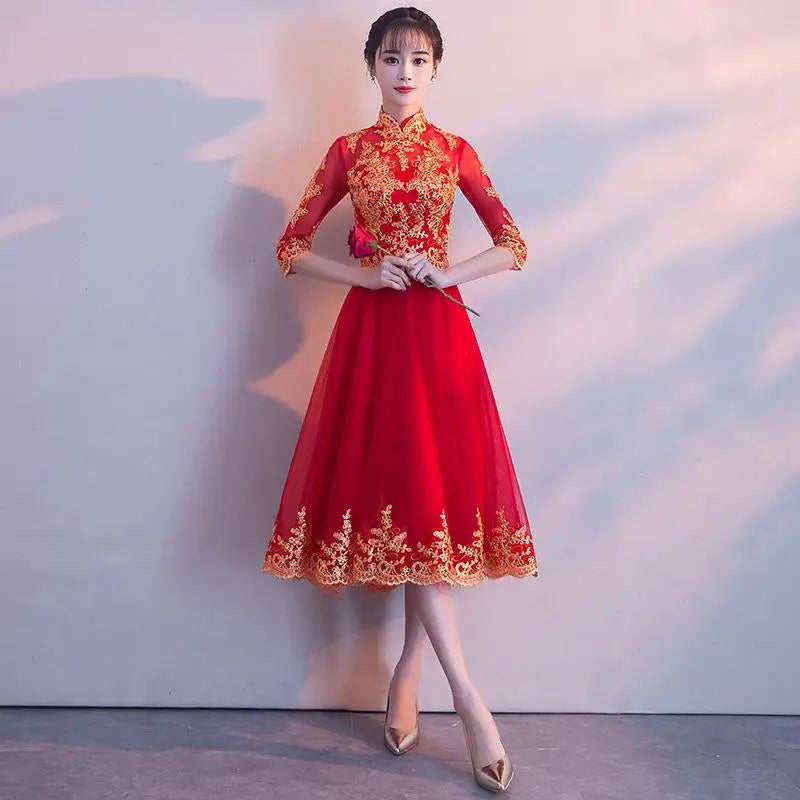 Novelty Chinese Female Long Qipao Marriage Clothes RED Oriental Bride Wedding Dress Elegant Slim Mandarin Collar Cheongsam